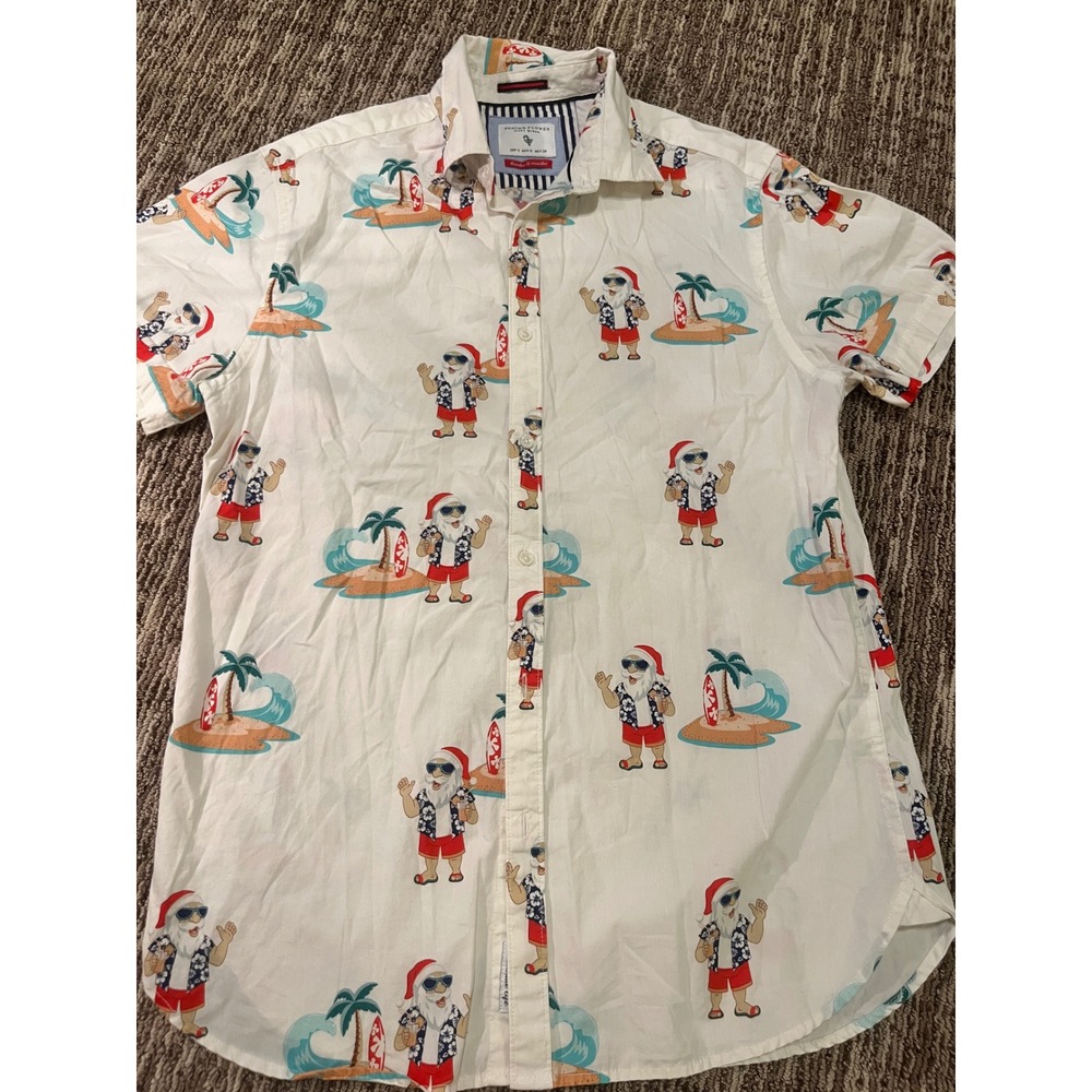 Denim & Flower Ricky Singh Mens Small Santa Beach Tropical Christmas Shirt White